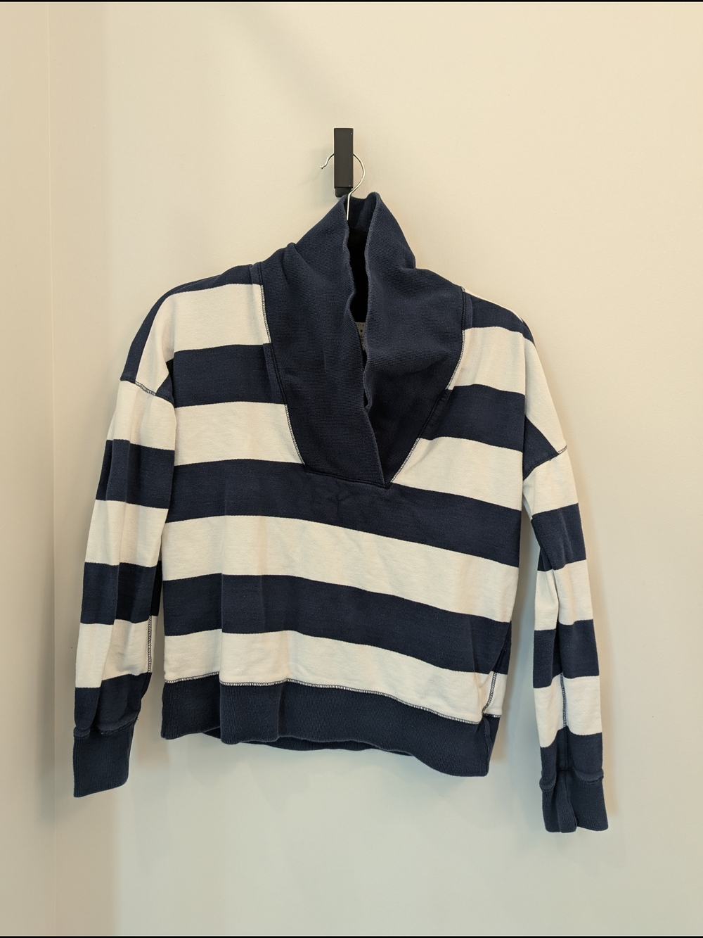 Lucky Brand Navy and White Rugby Striped Sweatshirt